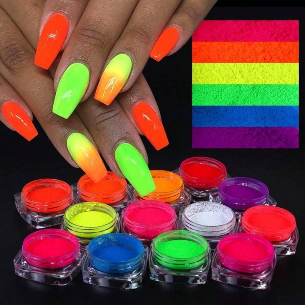 Nail Art Ombre Glitter - 1Set bubuk pigmen fosfor Neon warna-warni